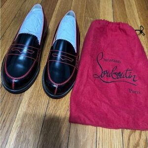 Christian Louboutin Black Leather Penny Loafers with Red Trim